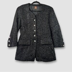 Vintage Anne Klein Black 80s 90s Metallic Embellished Wool Blend Blazer Size 10